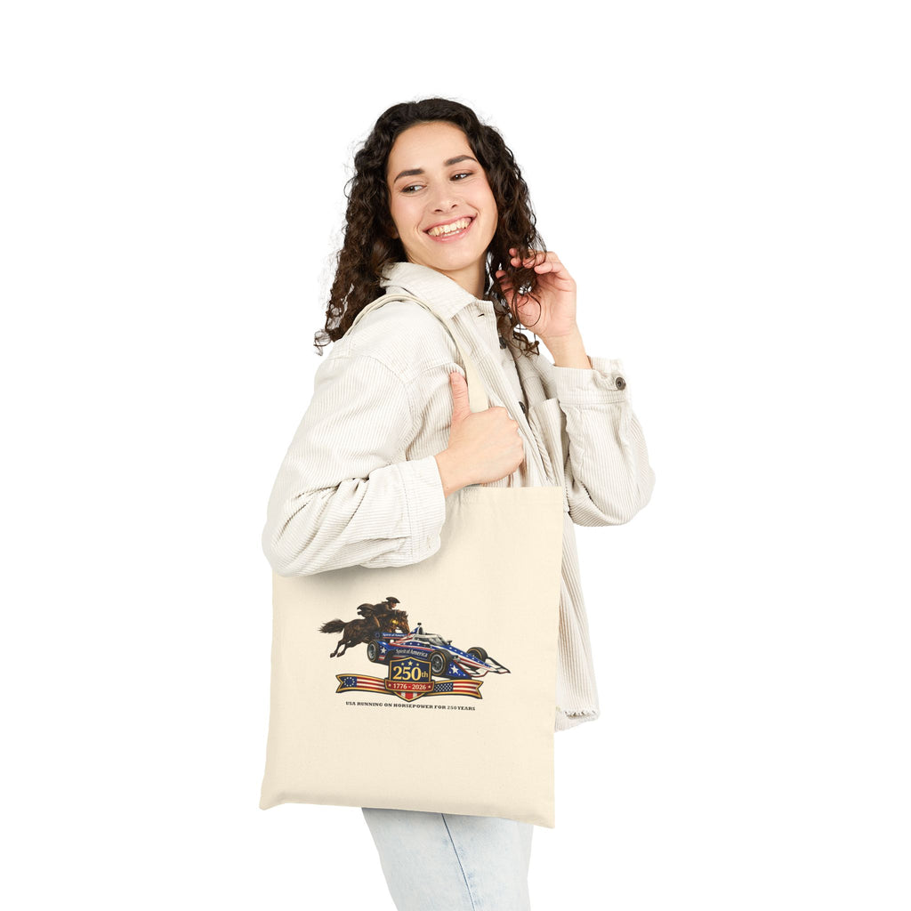 250th Celebration of Horsepower USA Canvas Tote Bag – "Racin' for a Livin'" Graphic Cotton Shopper