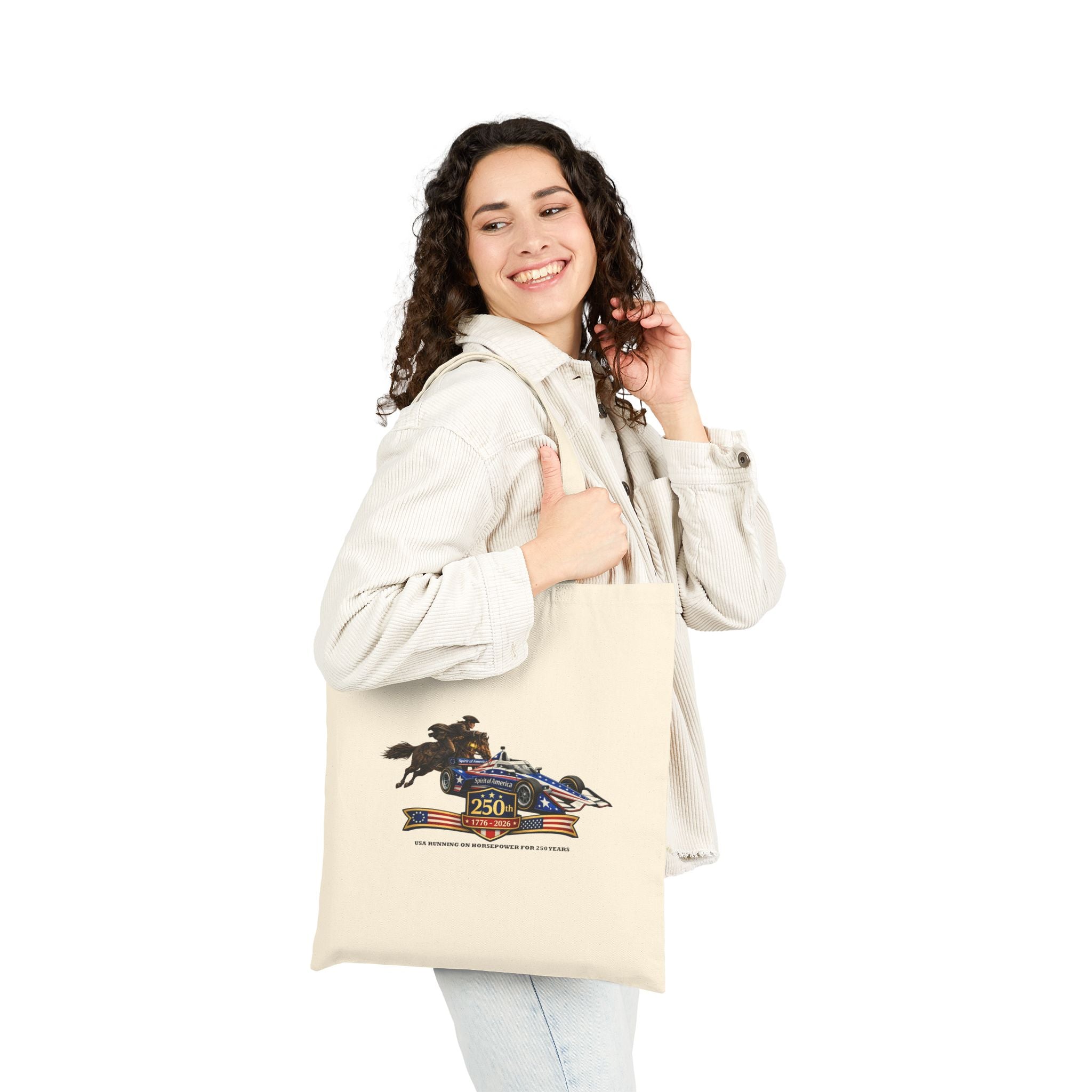 250th Celebration of Horsepower USA Canvas Tote Bag – "Racin' for a Livin'" Graphic Cotton Shopper