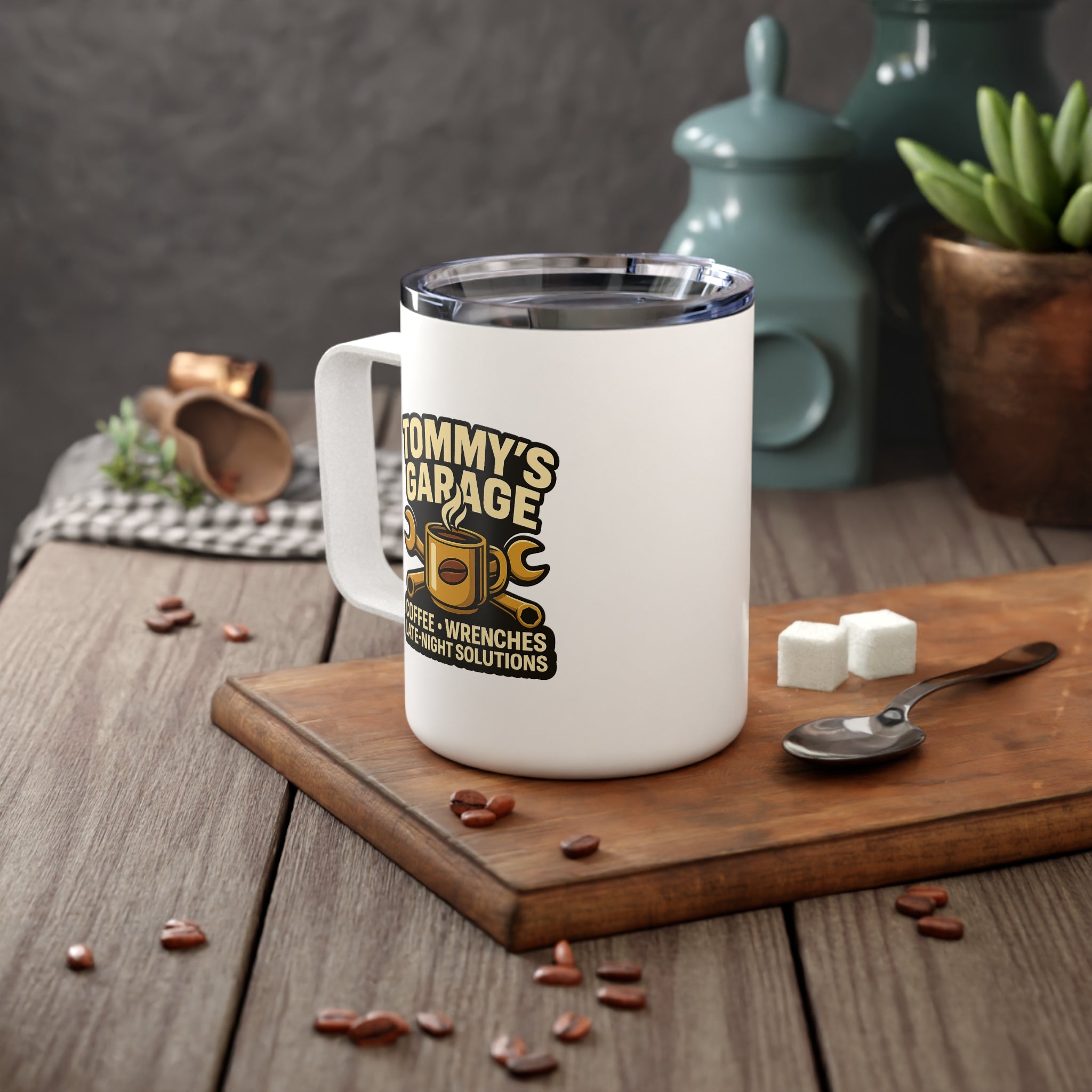 10oz Insulated Coffee Mug — Rustic 'Tommy's Garage' Vintage Sign Design JVThunderCat logo
