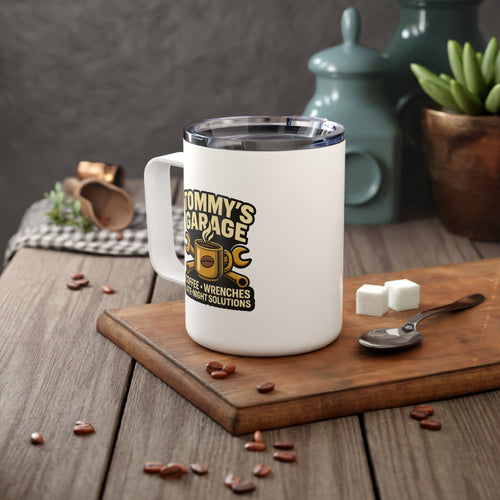 10oz Insulated Coffee Mug — Rustic 'Tommy's Garage' Vintage Sign Design JVThunderCat logo