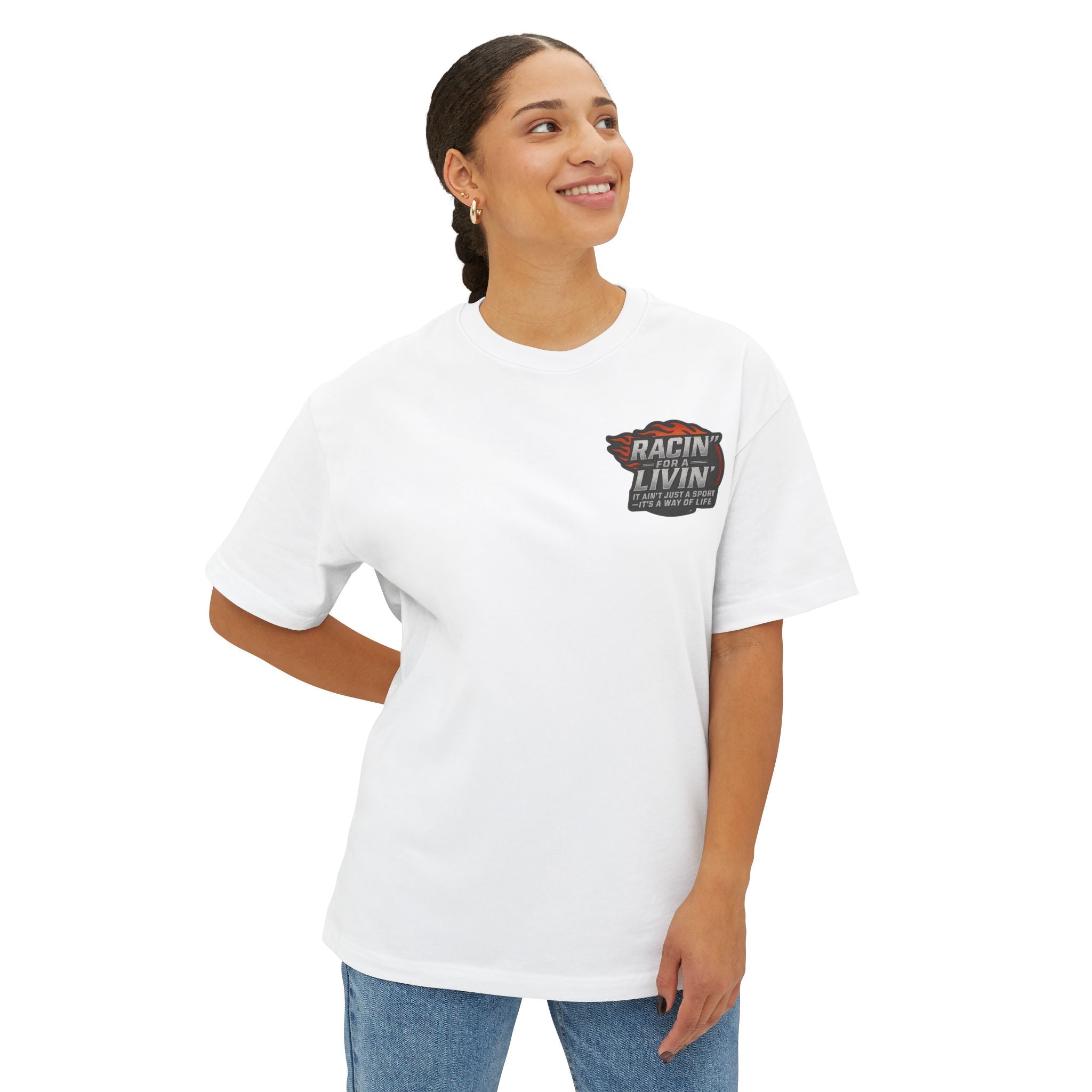 JVThunderCat logo and Racin' for a Livin' Unisex Oversized Boxy Tee