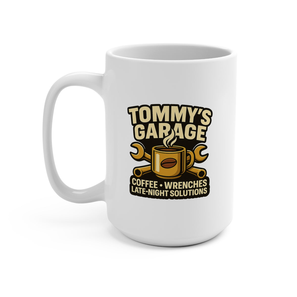 Custom Garage Sign 15oz Mug — "Tommy's Garage" - Racin' for a Livin' Retro Mechanic Coffee Cup