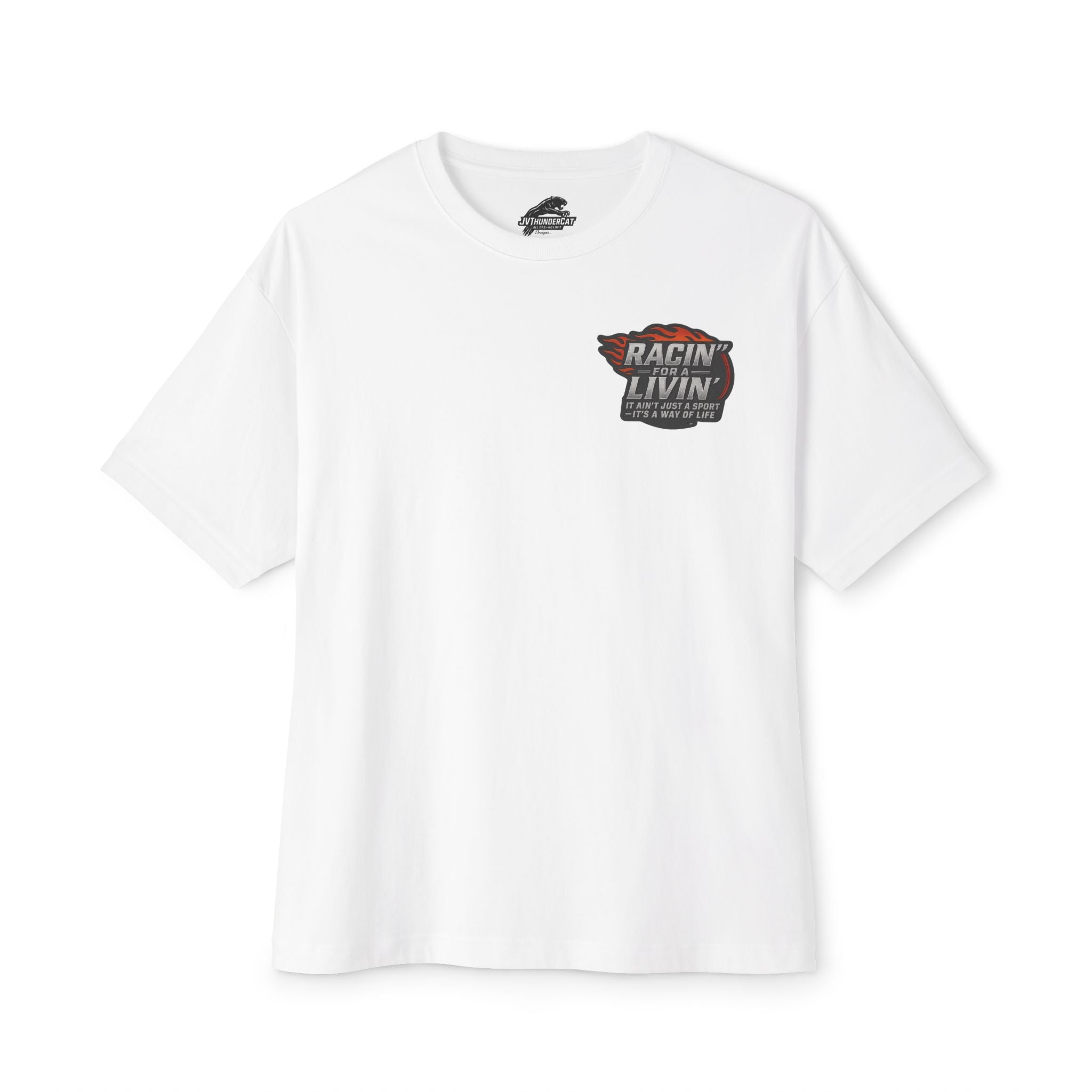 JVThunderCat logo and Racin' for a Livin' Unisex Oversized Boxy Tee