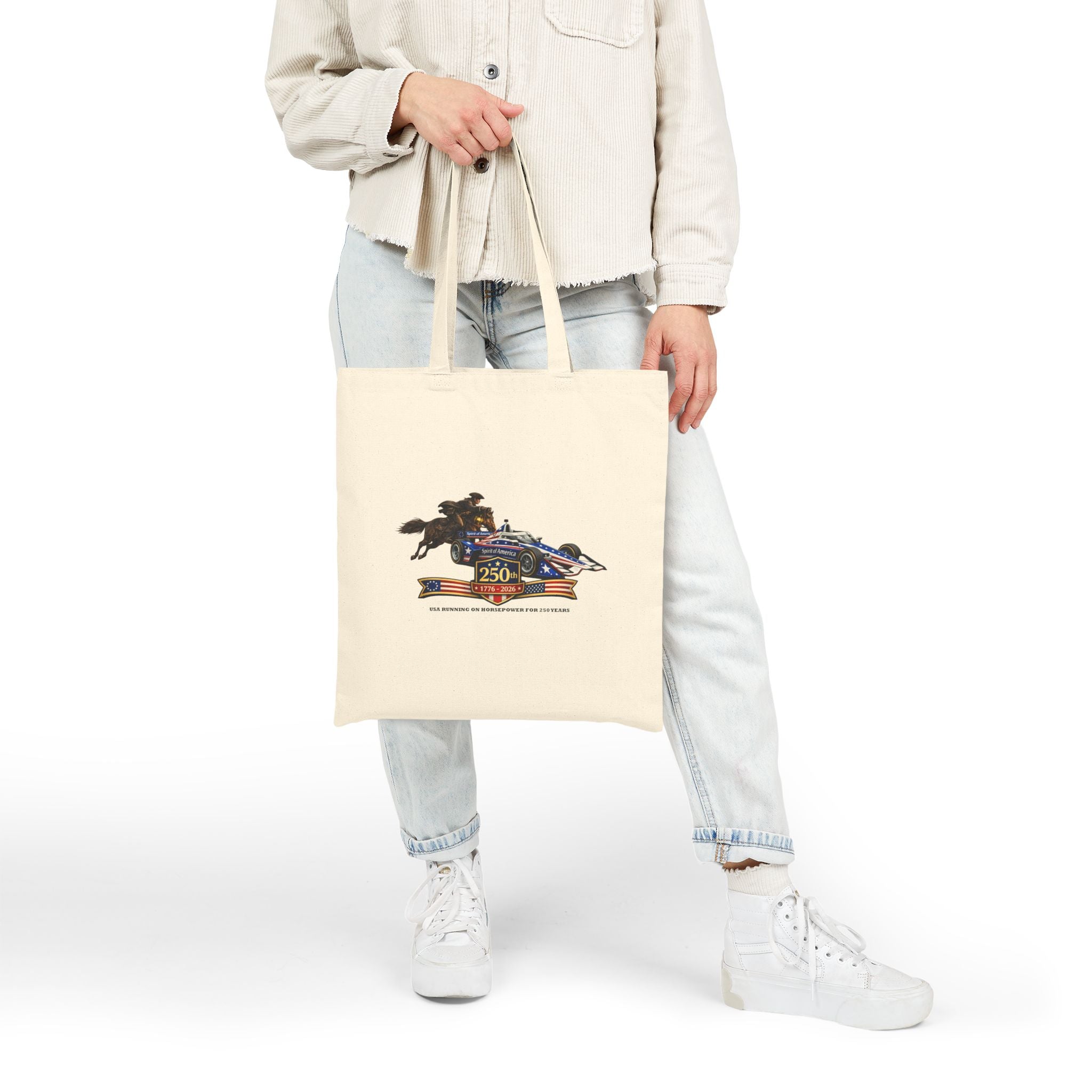250th Celebration of Horsepower USA Canvas Tote Bag – "Racin' for a Livin'" Graphic Cotton Shopper