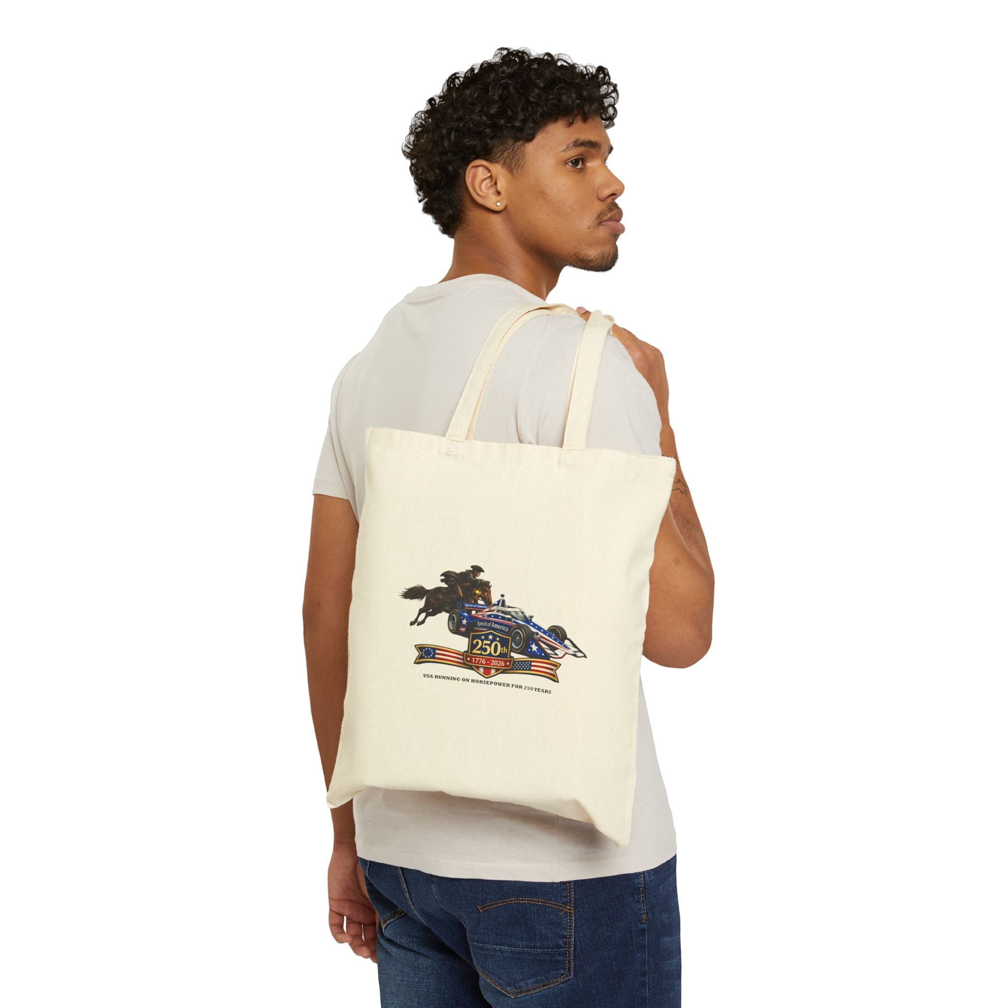 250th Celebration of Horsepower USA Canvas Tote Bag – "Racin' for a Livin'" Graphic Cotton Shopper