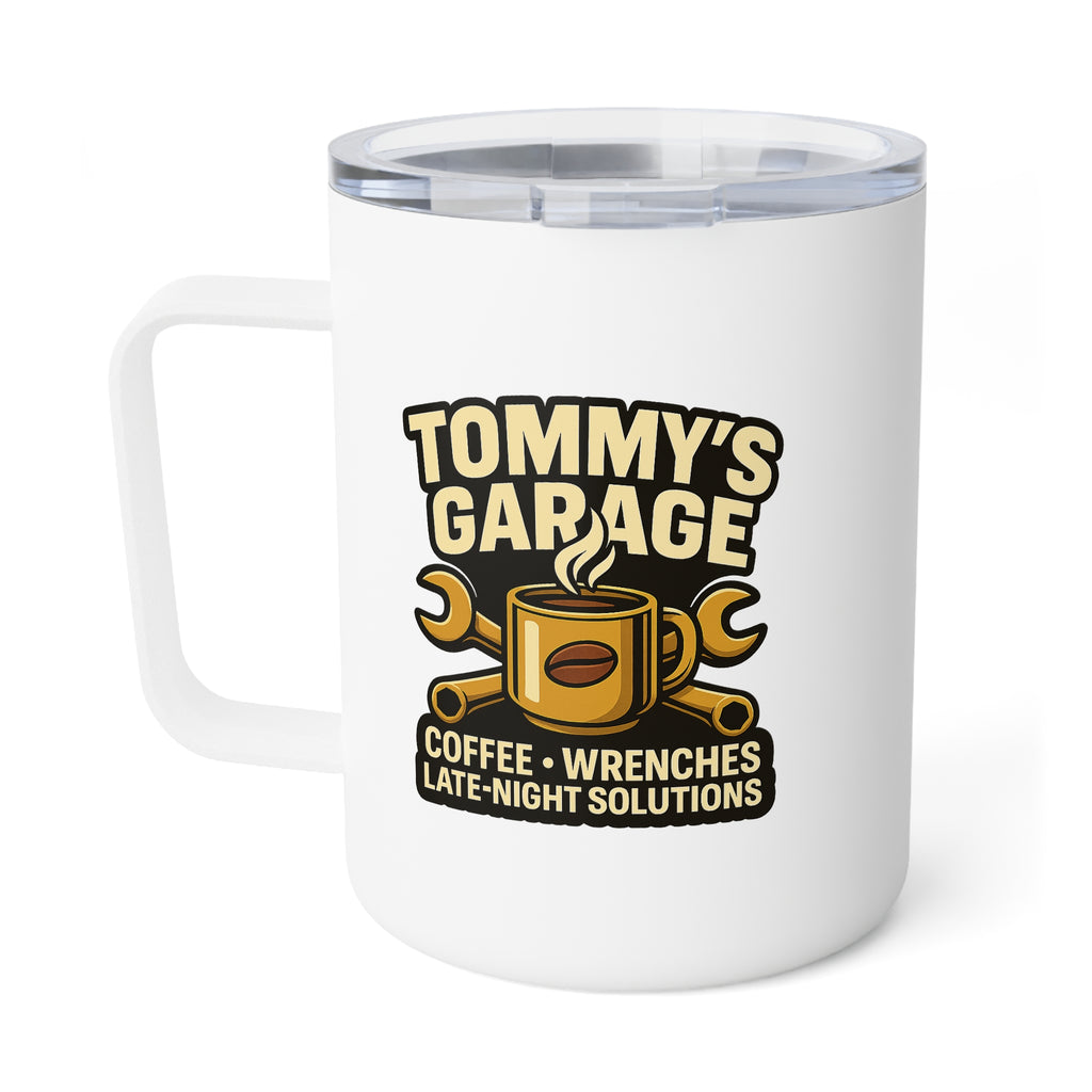 10oz Insulated Coffee Mug — Rustic 'Tommy's Garage' Vintage Sign Design JVThunderCat logo